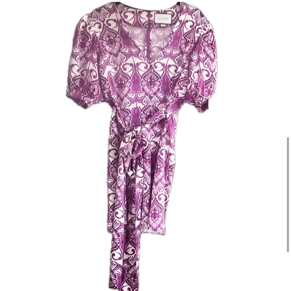 ALEXIS Bardot Mini Wrap Dress in Mulberry Palm - Picture 4 of 8